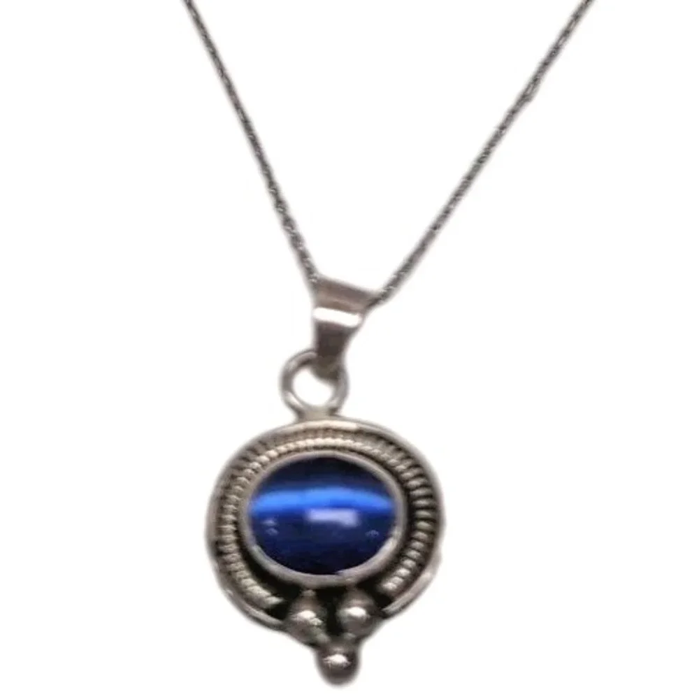 ATI Vtg Mexican Sterling Silver 925 Necklace Earrings Set Blue Cat Eye Glass